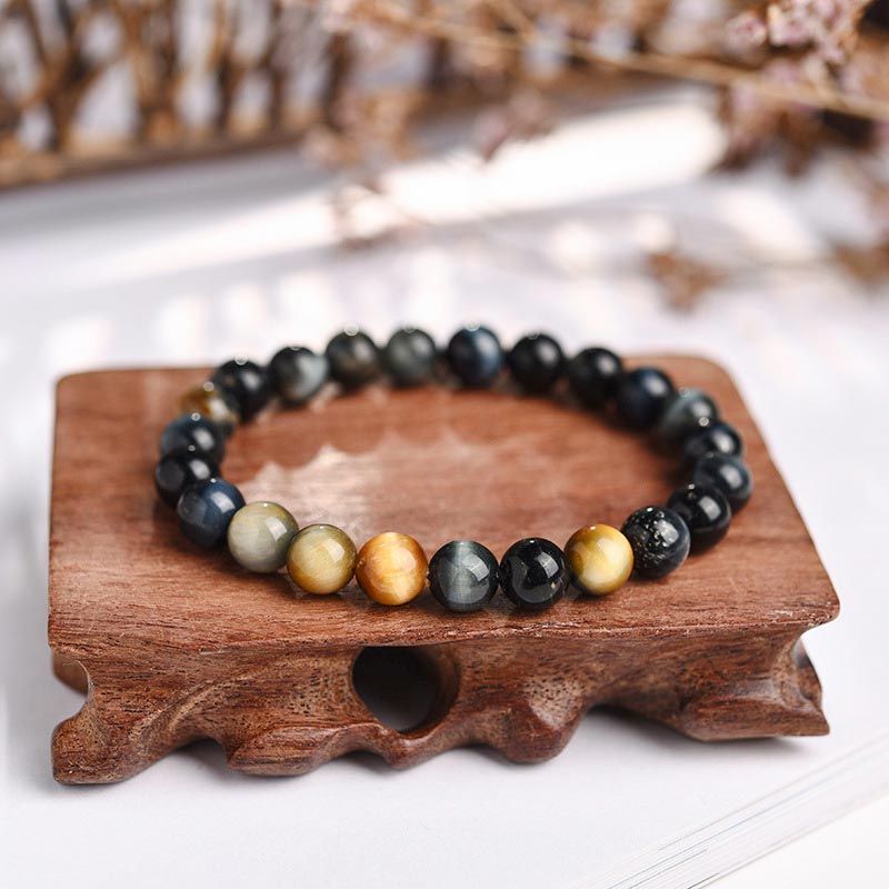 Pulsera de cuentas de ojo de tigre de cristal curativo de ansiedad y estrés con Buddha Stones