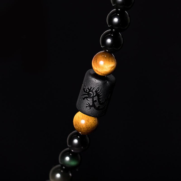 Pulsera de bendición de calabaza de obsidiana arcoíris de obsidiana negra natural con Buddha Stones Mala