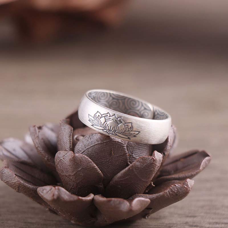 Anillo de bendición de seis palabras verdaderas con elefante de loto de plata de ley 999 con Buddha Stones