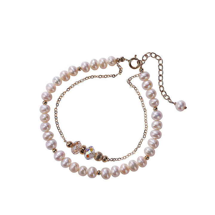Pulsera de doble capa curativa con cristales de perlas naturales chapada en oro de 14 quilates de plata de ley 925 con Buddha Stones