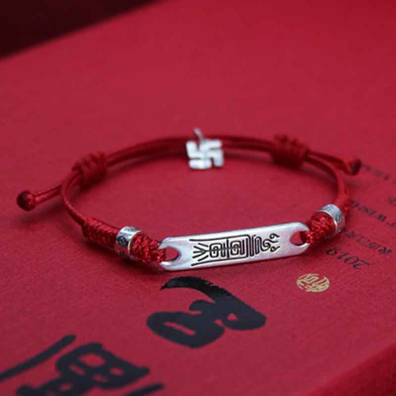 Pulsera trenzada de la fuerza de la suerte con hilo rojo de plata de ley 925 con Buddha Stones