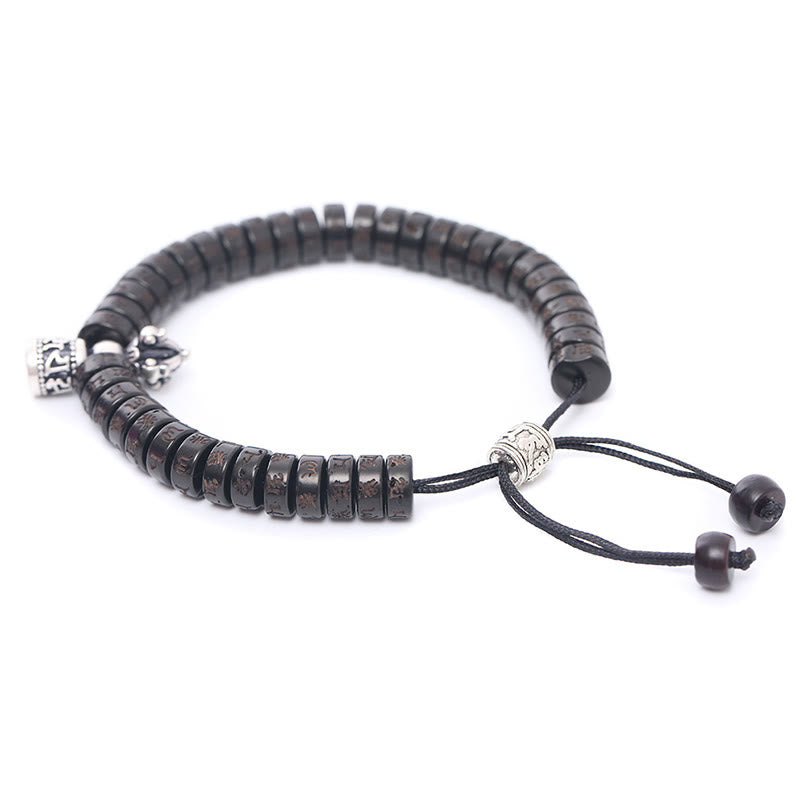Buddha Stones Tíbet cáscara de coco tallada Om Mani Padme Hum Dorje Vajra Bell pulsera de cuerda de felicidad