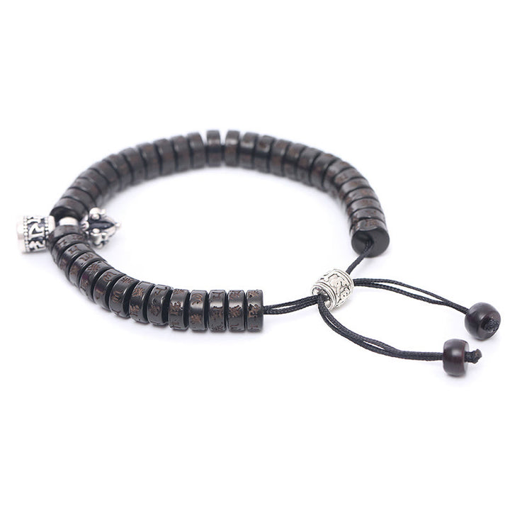 Buddha Stones Tíbet cáscara de coco tallada Om Mani Padme Hum Dorje Vajra Bell pulsera de cuerda de felicidad