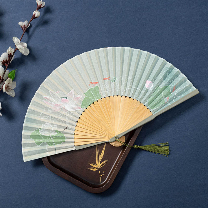 Abanico plegable de bambú de seda de mano con Buddha Stones , loto, flor de Begonia, jazmín, 21cm