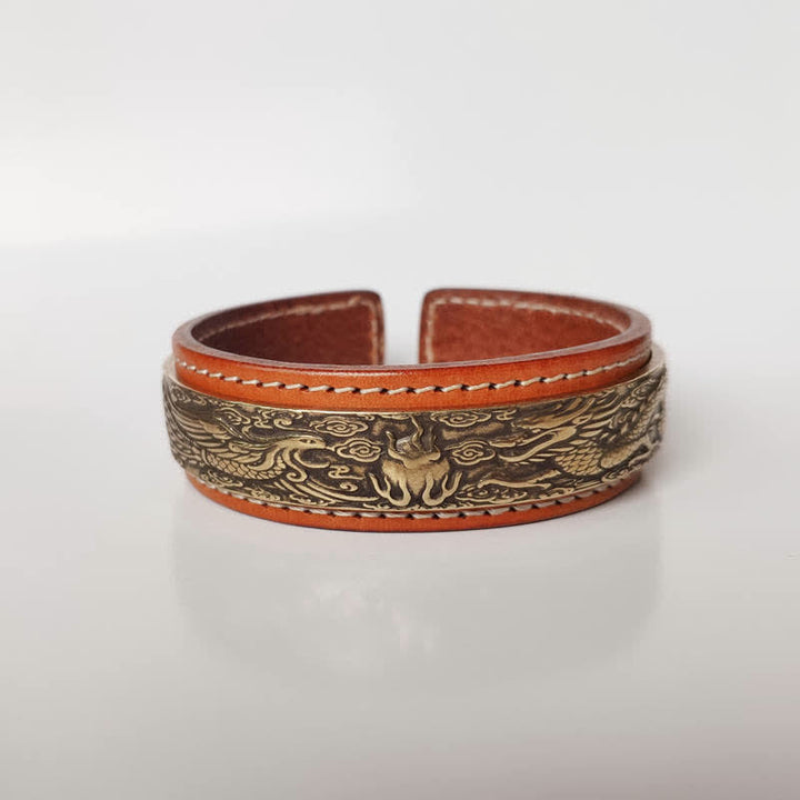 Buddha Stones 2 uds Om Mani Padme Hum dragón Fénix cobre cuero paz brazalete pulsera