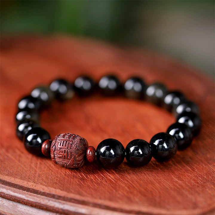 Pulsera curativa con carácter de obsidiana arcoíris de obsidiana con brillo de oro natural con Buddha Stones Om Mani Padme Hum Fu
