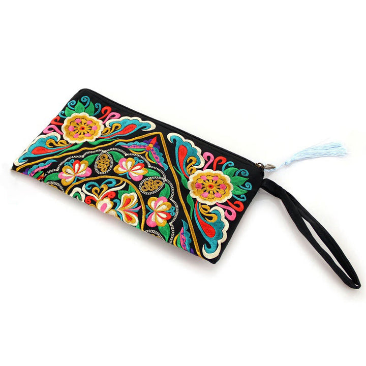 Cartera de compras con bordado de flores de Buddha Stones, dragón, mariposa, cosmos