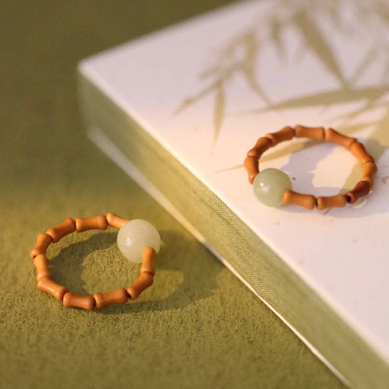 Anillo de suerte de prosperidad de bambú con cuentas de jade hetiano