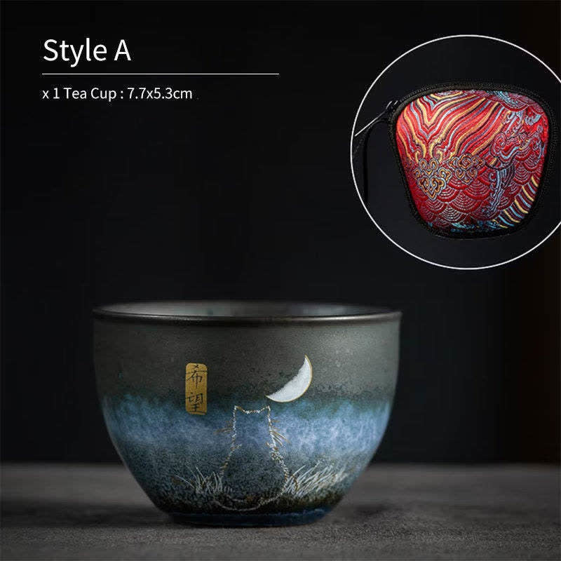 Taza de té de cerámica con Buddha Stones, tazas de té negras con gato encantador, 140ml