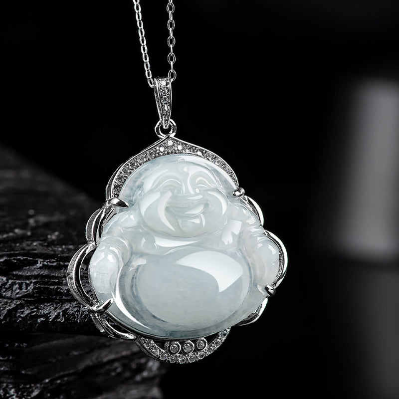Collar con colgante de plata de ley 925 con Buddha Stones , diseño de Buda sonriente, jade natural - image 2