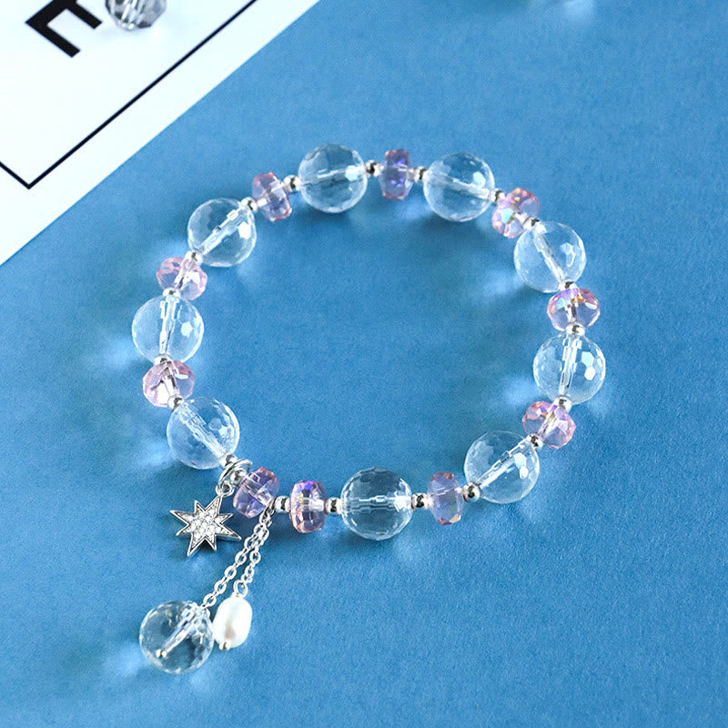 Pulsera con dije de estrella de protección de cristal rosa y cristal blanco con Buddha Stones