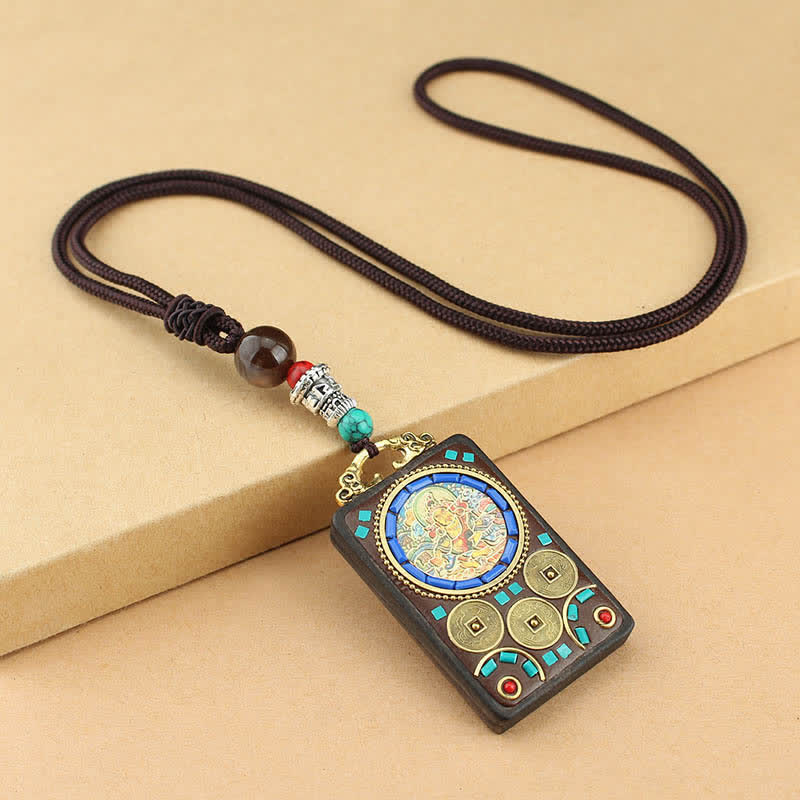 Colgante de collar de paz de ébano Thangka, dios de la riqueza del Tíbet, Buddha Stones - Dios amarillo de la riqueza Thangka - image 4
