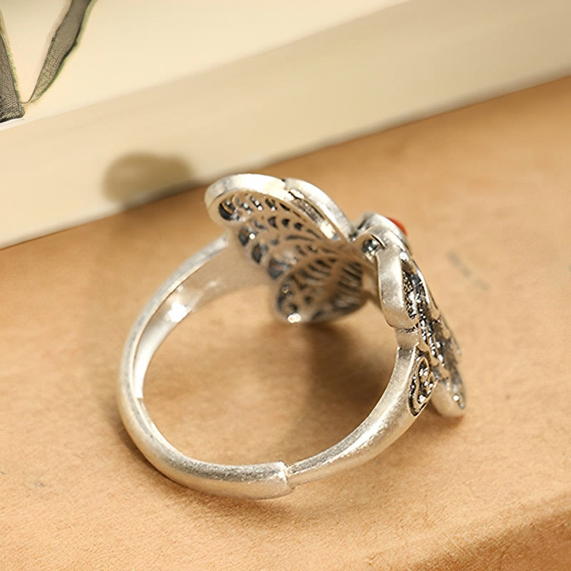 Juego de pendientes de anillo de autoaceptación de mariposa de ágata roja de plata de ley 925 con Buddha Stones