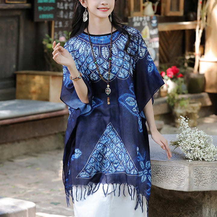 Jersey de viaje acogedor con borlas y chal Batik de mariposa azul con Buddha Stones 90*95cm