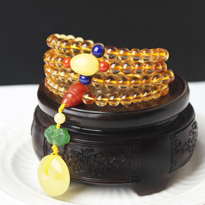 108 cuentas de Mala, citrino Natural, ámbar, hebilla de la paz, ágata roja, pulsera de protección PiXiu
