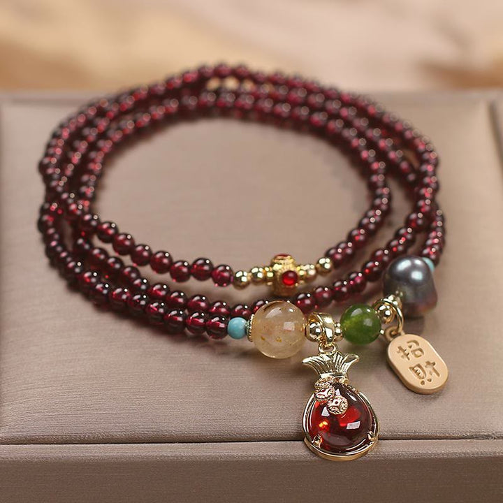 Buddha Stones de múltiples capas, granate Natural, Jade, moneda, bolsa de dinero, pulsera de protección de riqueza