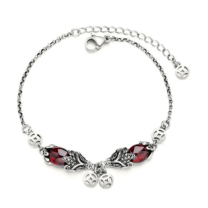 Pulsera de cadena de protección de moneda de cobre PiXiu doble granate con Buddha Stones