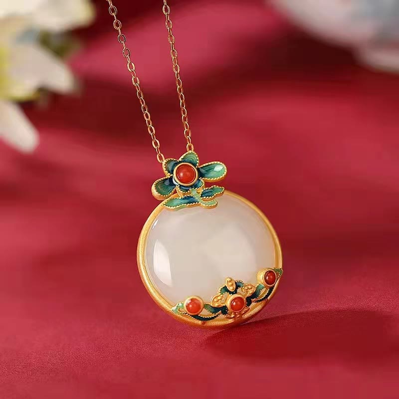 Colgante de collar de suerte con bendición de flor de ágata roja de jade blanco