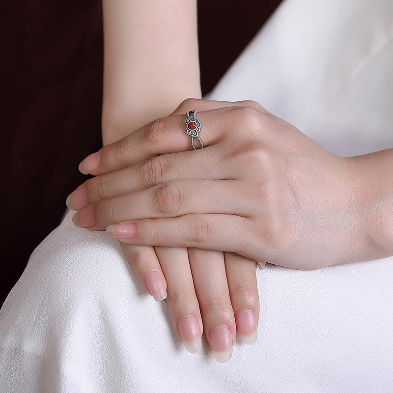 Anillo de pensamiento lógico con cuentas de ágata roja de plata de ley 925 con Buddha Stones