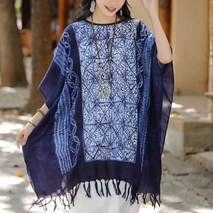 Jersey de viaje con borlas y chal teñido añil con geometría de rayas azules y Buddha Stones , 90x95cm