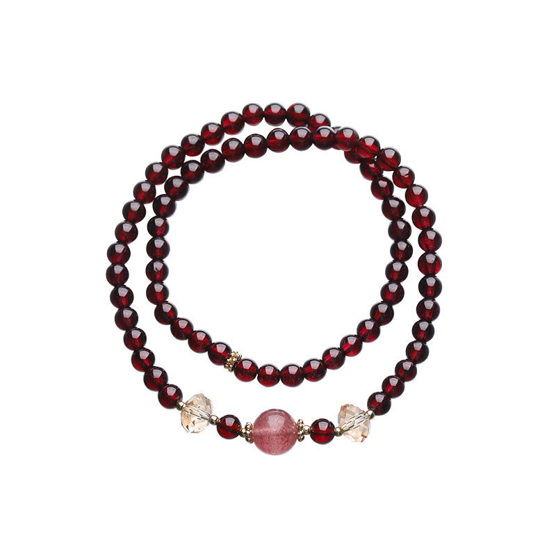 Pulsera de doble vuelta con estabilidad de cuarzo fresa y granate natural chapada en oro de 14 quilates con Buddha Stones