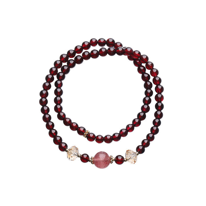 Pulsera de doble vuelta con estabilidad de cuarzo fresa y granate natural chapada en oro de 14 quilates con Buddha Stones