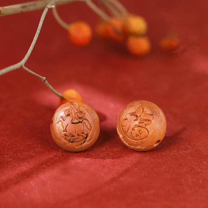 Pulsera de riqueza de cinabrio tallada con carácter del zodíaco chino, madera de melocotón Natural, Buddha Stones