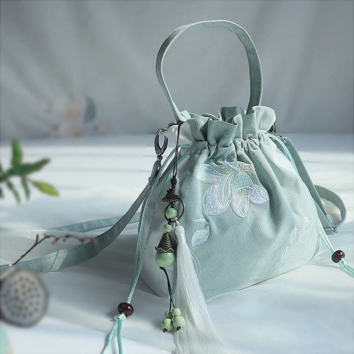 Bolso de hombro de lona con flores bordadas hechas a mano con Buddha Stones