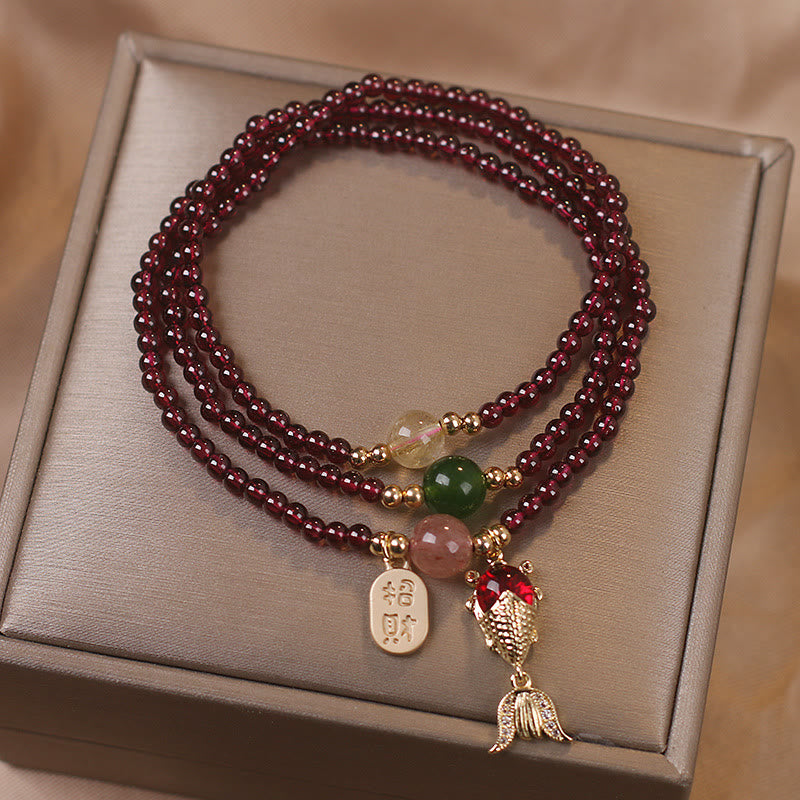 Pulsera de triple envoltura con Buddha Stones, granate Natural, fresa, cristal de cuarzo, zorro, pez Koi, hebilla de la paz, protección de la fortuna