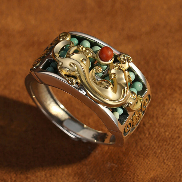 Anillo de protección de ábaco PiXiu de ágata roja turquesa de plata de ley 925 con Buddha Stones