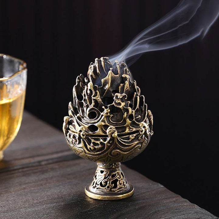 Quemador de incienso tibetano de aleación de cobre para meditación con patrón de montaña Mini