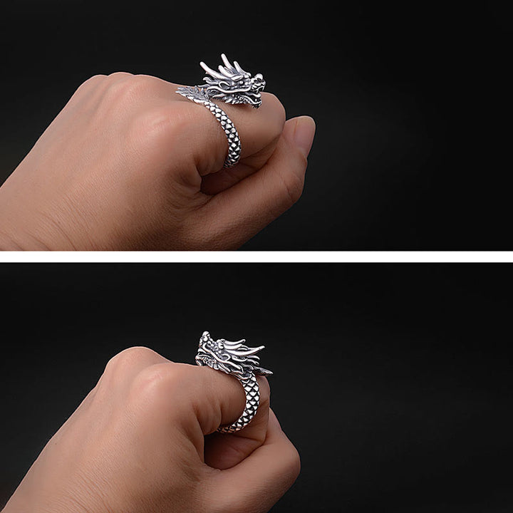 Anillo ajustable de plata de ley 990 con Buddha Stones , diseño de dragón vintage, protección de la suerte y fuerza