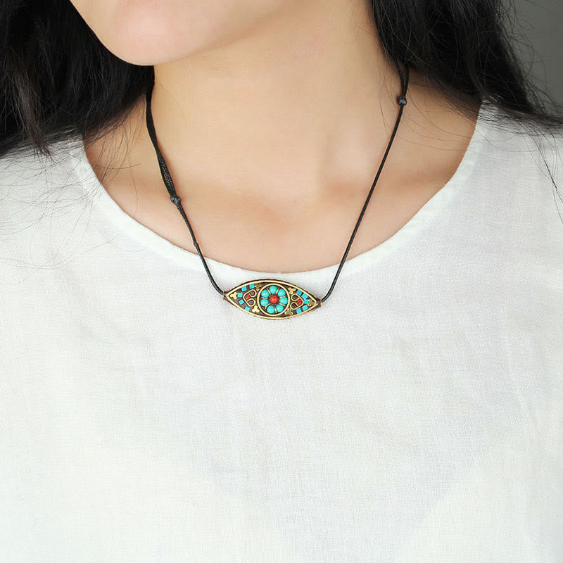 Collar con colgante de fuerza de protección con patrón de marquesa, cuentas de turquesa del Tíbet, Buddha Stones