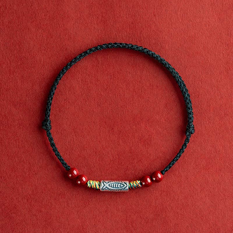 Pulsera tobillera trenzada hecha a mano con cuentas de cinabrio y pez Koi de plata de ley 925 con Buddha Stones