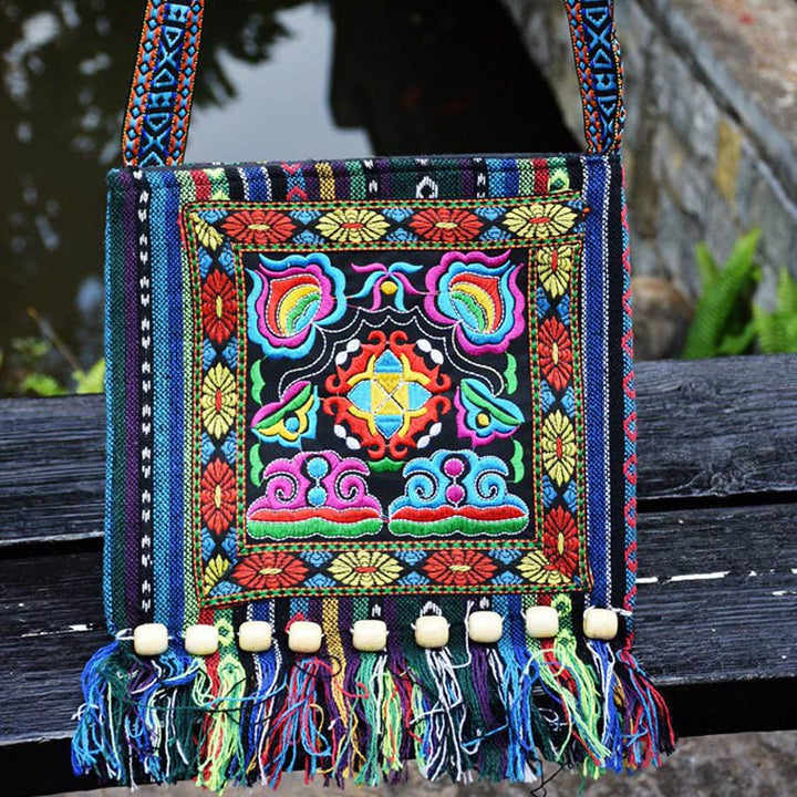 Bolso bandolera de lona de camelia bordado hecho a mano tibetano