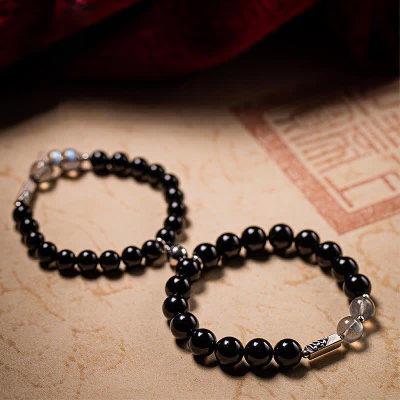 Pulsera de pareja de fuerza de piedra lunar de obsidiana de plata de ley 925