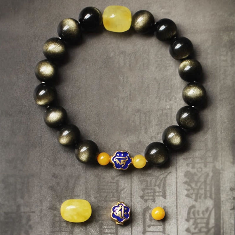 Pulsera de protección de la riqueza, Plata de Ley 925 con Buddha Stones , zodíaco chino, Buda natal, brillo de oro Natural, obsidiana, ámbar - image 6
