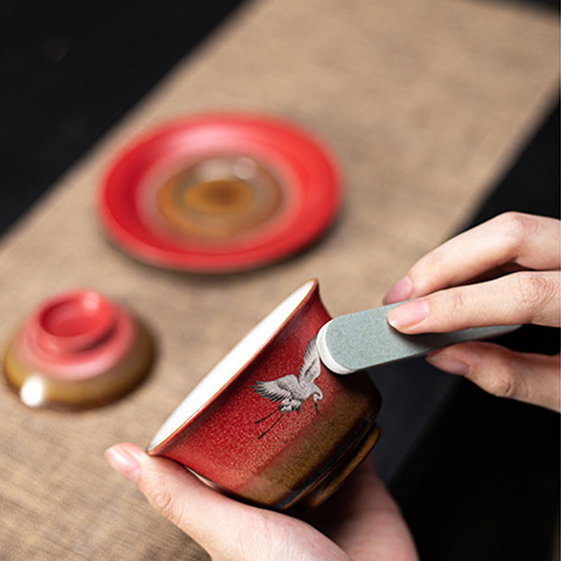 Taza de té y platillo con tapa, Gaiwan Sancai de cerámica con grulla roja, Buddha Stones, Kung Fu