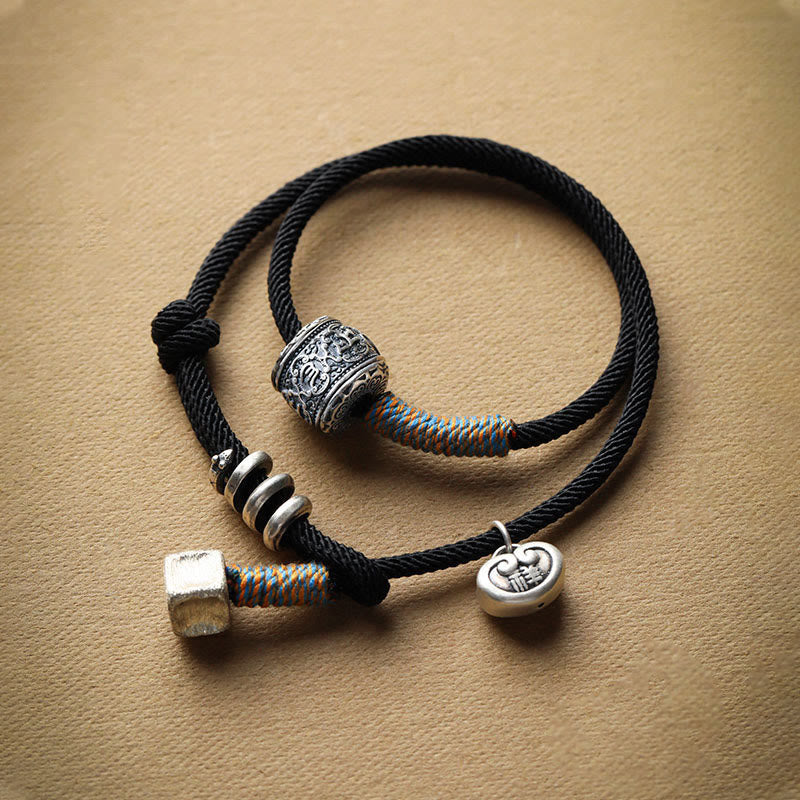 Pulsera de cuerda de doble envoltura con amuleto auspicioso tallado Om Mani Padme Hum tibetano hecho a mano con Buddha Stones