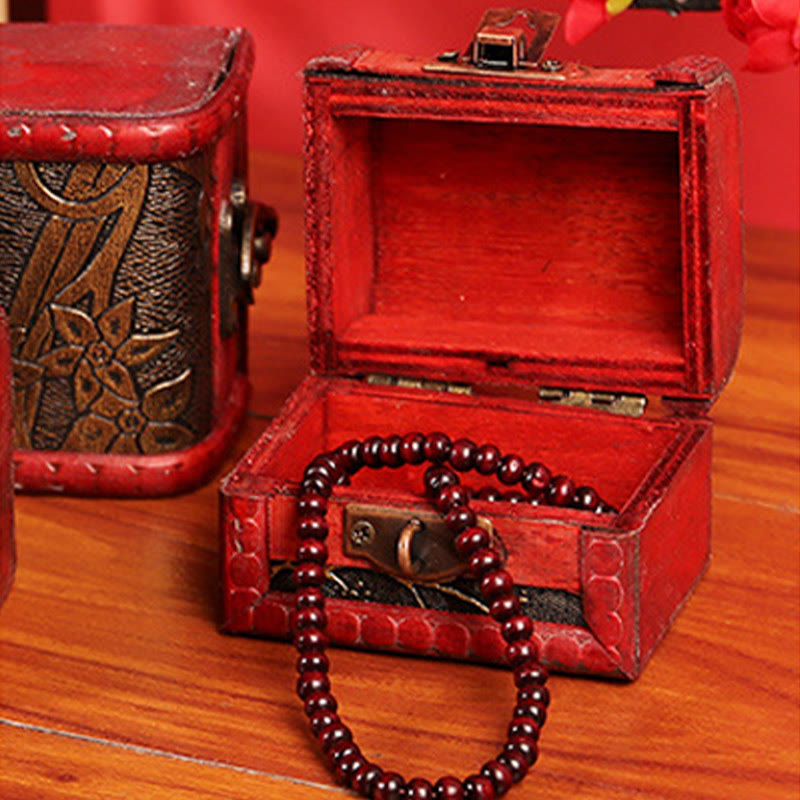 Caja de joyería de madera pequeña Retro con Buddha Stones , caja de almacenamiento de joyería con flor de hierba Narciso, moneda de cobre, uva dorada de loto