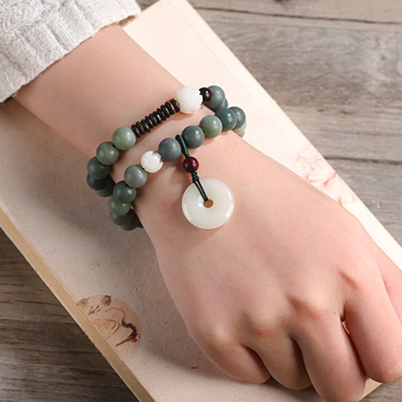 Pulsera de doble envoltura con hebilla de paz y jade de loto, semilla de Bodhi cian