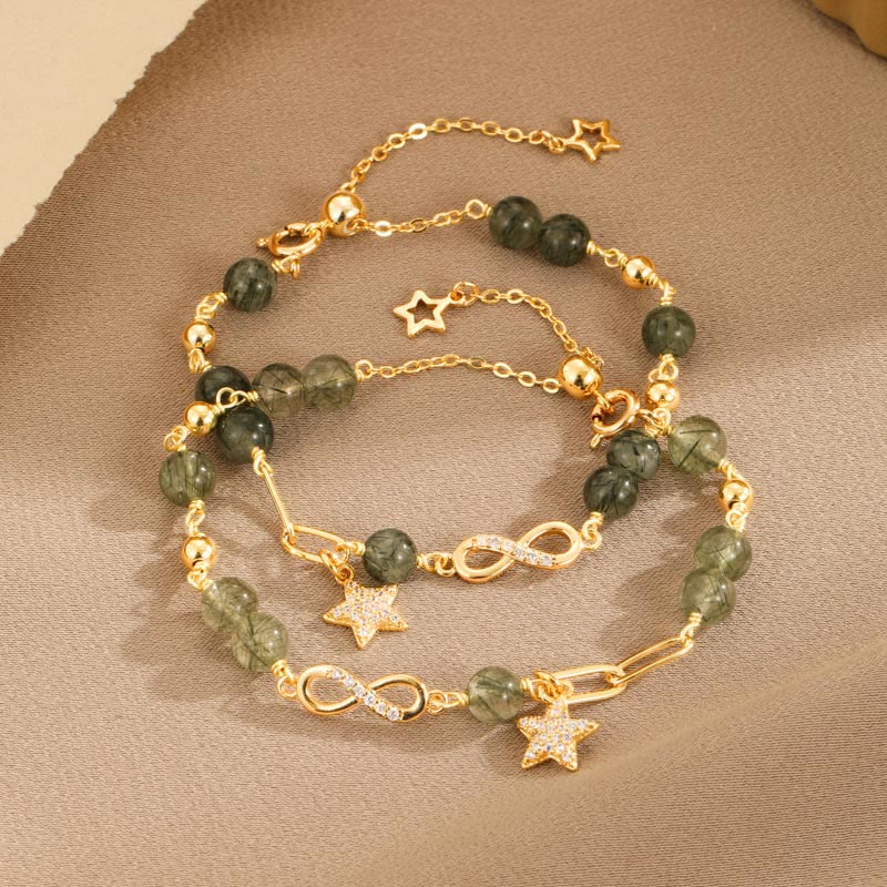 Pulsera de protección de estrella de amor eterno con lazo de Möbius de cuarzo rutilado verde de oro de 14 quilates con Buddha Stones