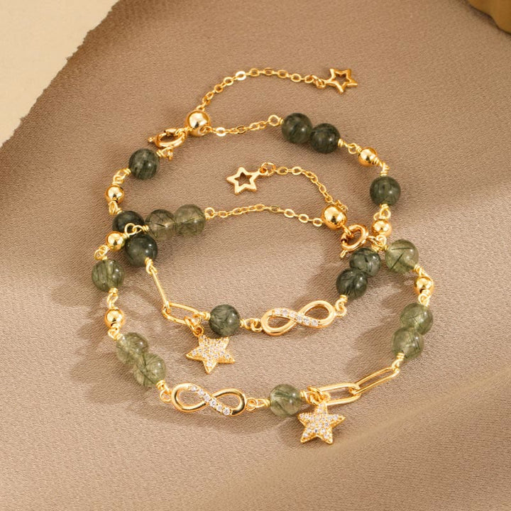 Pulsera de protección de estrella de amor eterno con lazo de Möbius de cuarzo rutilado verde de oro de 14 quilates con Buddha Stones