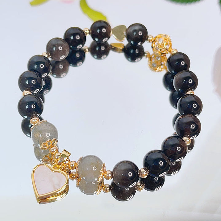 Pulsera de protección de flor de estrella de corazón de amor de obsidiana con brillo de plata natural de Buddha Stones