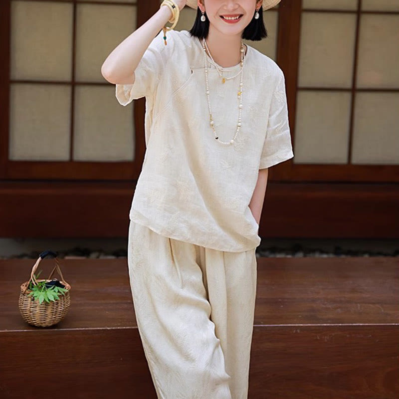 Blusa suelta de lino de ramio con Buddha Stones , camisa de manga corta, Top de estilo chino