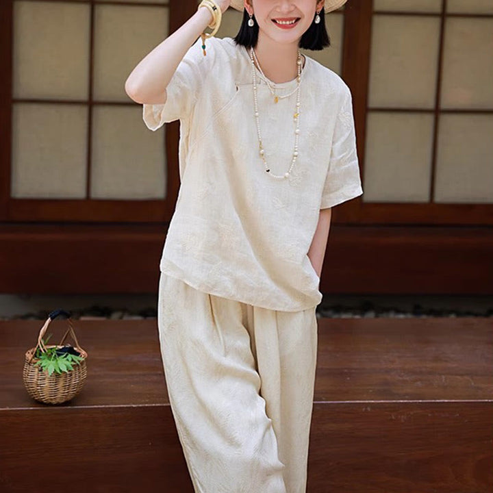 Blusa suelta de lino de ramio con Buddha Stones , camisa de manga corta, Top de estilo chino