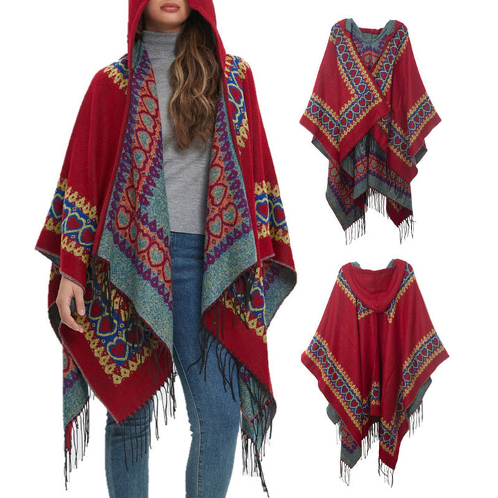 Mantón tibetano de Buddha Stones , capa con capucha y borla de corazón de amor rojo, bufanda de viaje acogedora para invierno