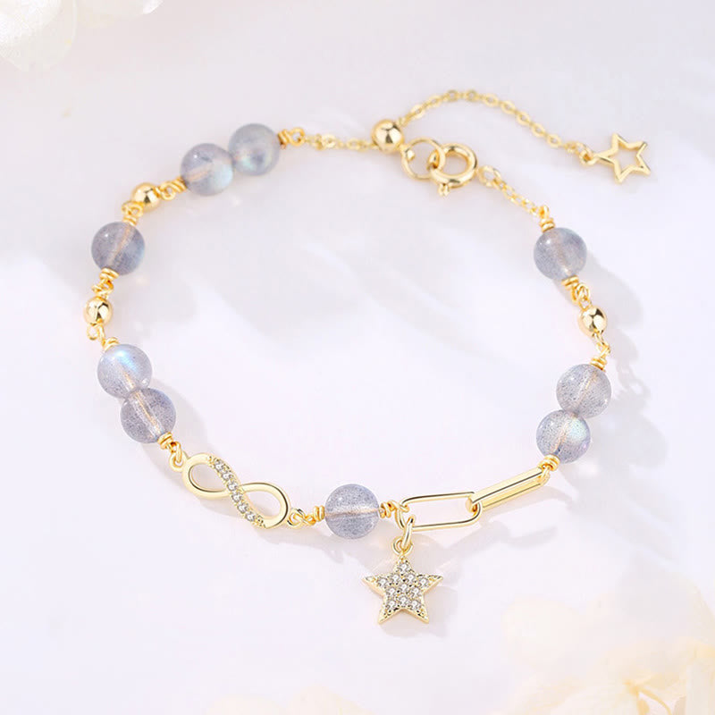 Buddha Stones chapadas en oro de 14 quilates, cuarzo fresa natural, piedra lunar, lazo de Möbius, pulsera positiva con estrella de amor eterno