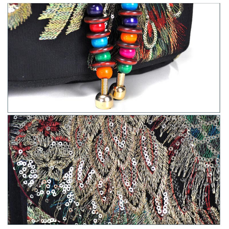 Mochila con borlas de lona con bordado de pavo real