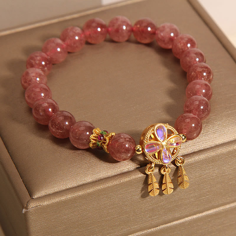 Pulsera de amor con dije de atrapasueños de trébol de cuatro hojas de cuarzo fresa Natural con Buddha Stones